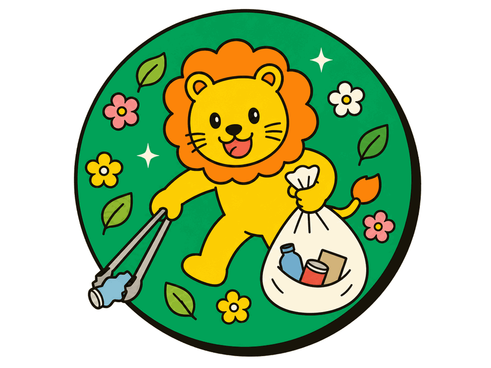 みんなでごみを拾い、自然を守る活動のイラスト